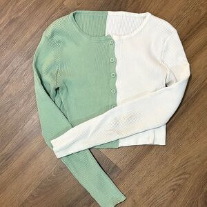 Green and White Ribbed Cardigan